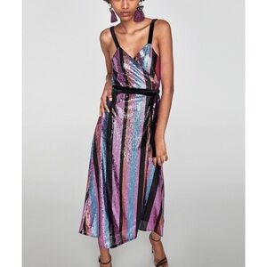 ZARA Multicolor Striped Sequin Midi Wrap Dress
